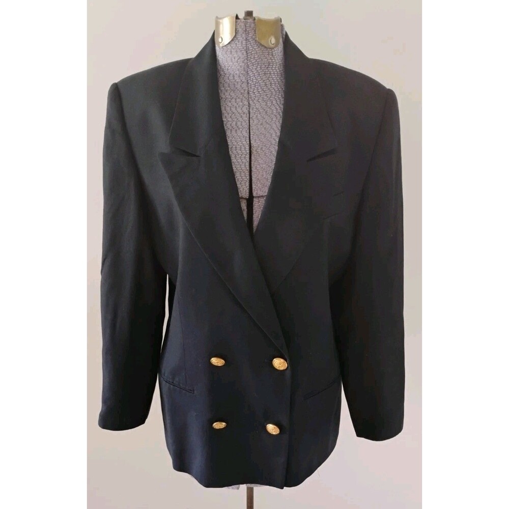 Vtg Talbots Blazer 10 Petite Navy Linen Blend Career Double Breasted Gold Button
